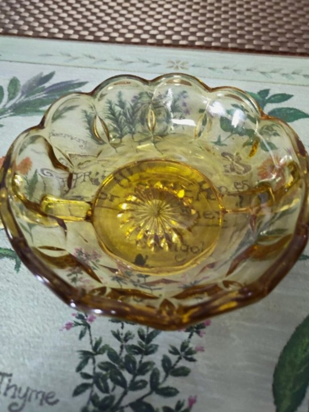 Vintage  Anchor Hocking Amber Pressed Glass Starburst Handled Bowl Round 5 1/4"